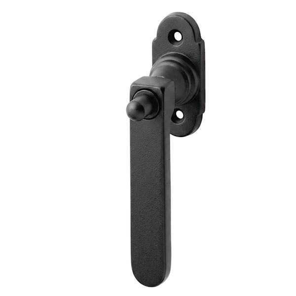 Schlanker Fenstergriff als Halbolive Modell Schmalenberg aus schwarzem Messing mit integriertem Sicherheits-Druckknopf.