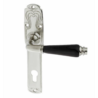 Wohnungstürbeschlag Jugendstil vernickelt, matt gebürstet typische Form in silber matt