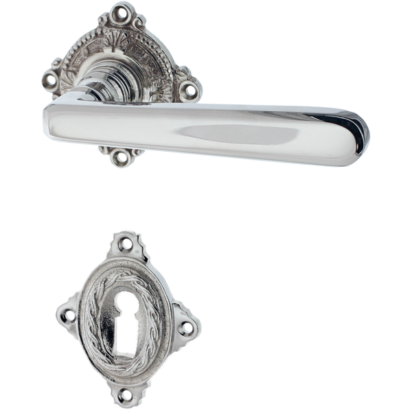 Zimmertürbeschlag Jugendstil vernickelt, hochglanz poliert quadratische Form mittelgroß,groß