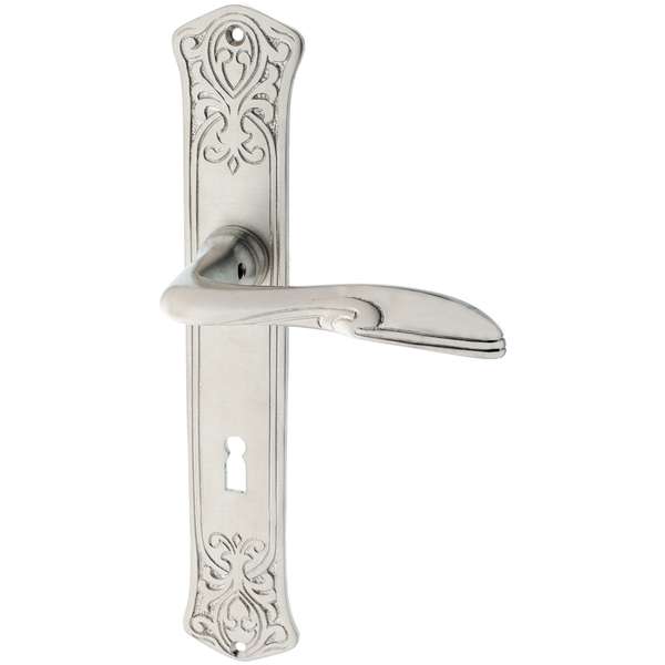 Messing Zimmertürbeschlag vernickelt, matt gebürstet in silber - Jugendstil