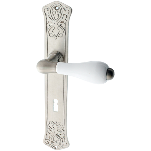 Messing Zimmertürbeschlag vernickelt, matt gebürstet in silber - Jugendstil