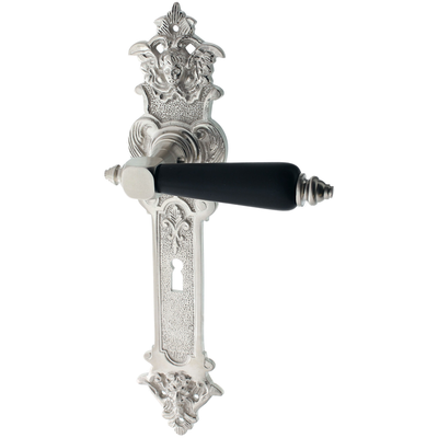 Jugendstil Zimmertürbeschlag aus Messing - Engel und Teufel Motiv - silber