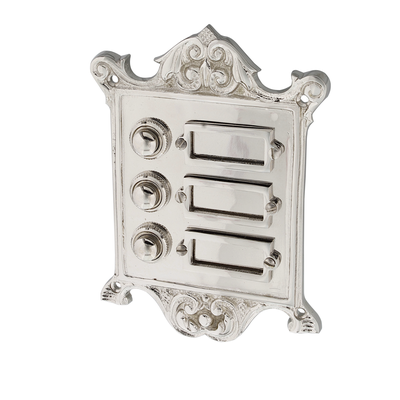 Historische Klingelplatte Messing vernickelt, Hochglanz poliert | Jugendstil | Klingelplatte mit drei Klingelknöpfen | Antik Klingel N9183