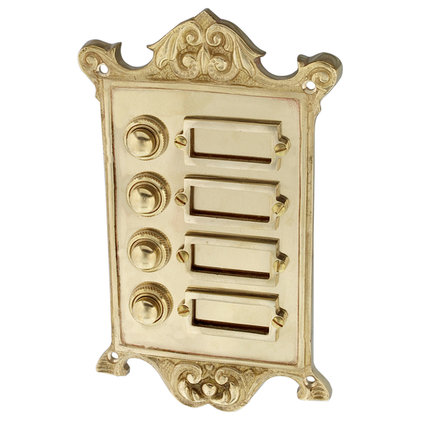 historische Klingelplatte Messing poliert | Jugendstil | Klingelplatte mit 4 Klingelknöpfen | Antik Klingel B9184 