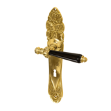 Jugendstil Türbeschlag für Zimmertüren aus poliertem Messing mit Handhabe aus Holz, Horn oder Keramik