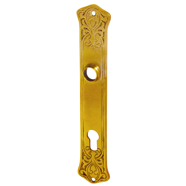 Jugendstil Langschild, kunstvoll verschnörkelt, unlackiertes Messing mit Patina