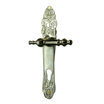 Türklinke und Langschild im Jugendstil aus Nickel, matt für Profilzylinder