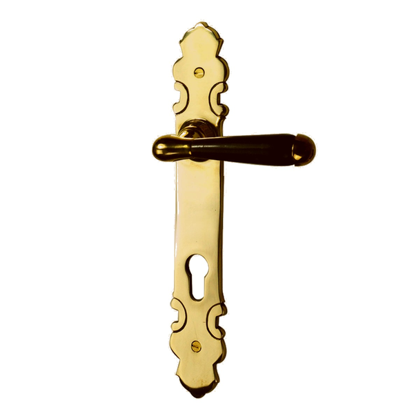 Jugendstil Türbeschlag mit Porzellangriff und Langschild aus Messing für Profilzylinder